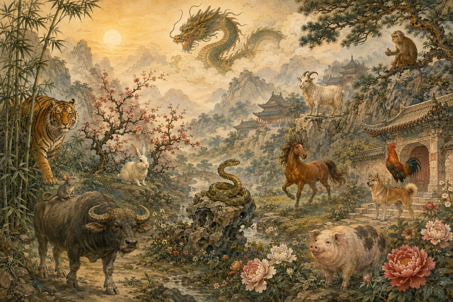 Twelve zodiac animals in a Chinese-inspired temple and mountain landscape: Rat, Ox, Tiger, Rabbit, Dragon, Snake, Horse, Goat, Monkey, Rooster, Dog and Pig.